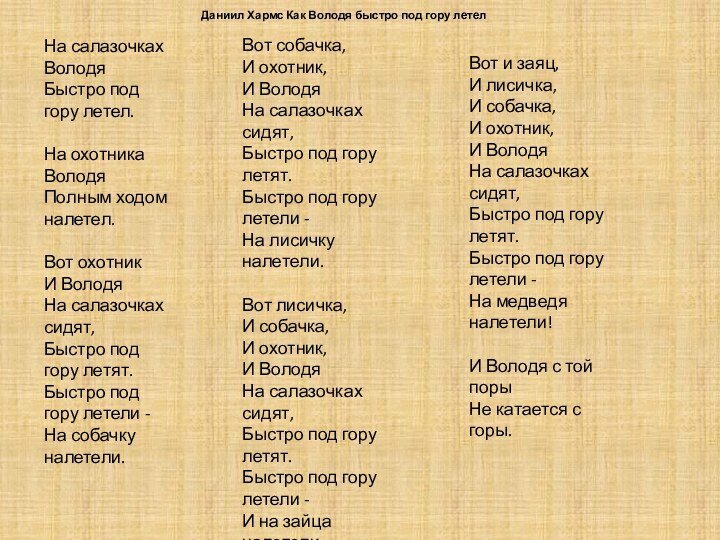 Даниил Хармс Как Володя быстро под гору летел    На