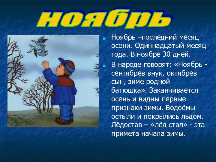 Ноябрь –последний месяц осени. Одиннадцатый месяц года. В ноябре 30 дней.В народе