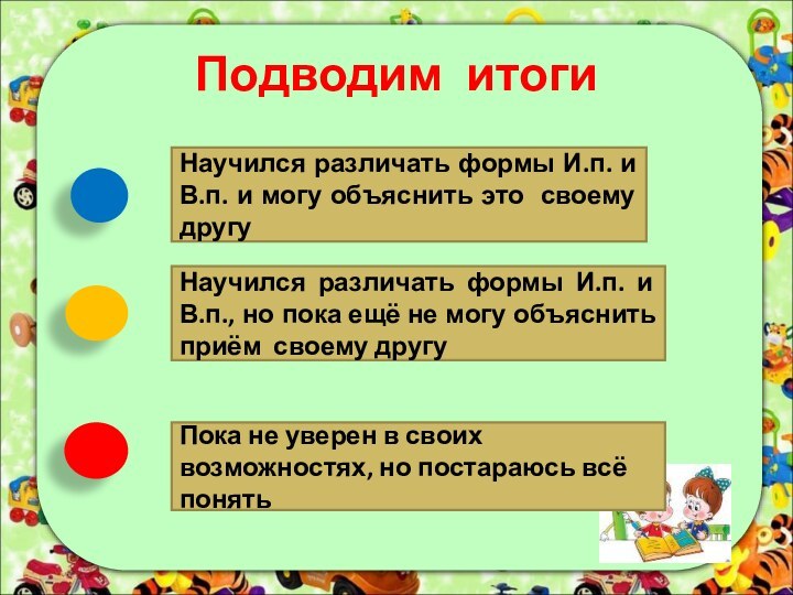 Подводим итоги Научился различать формы И.п. и В.п. и могу объяснить