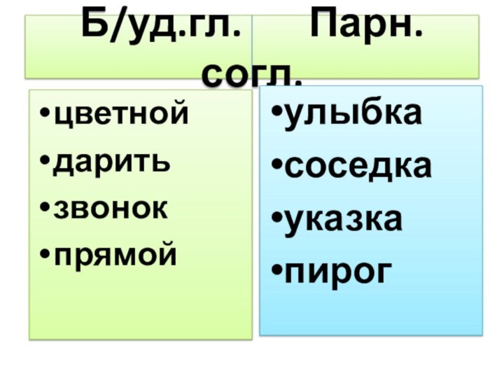 Б/уд.гл.    Парн.согл.цветнойдаритьзвонокпрямойулыбкасоседкауказкапирог