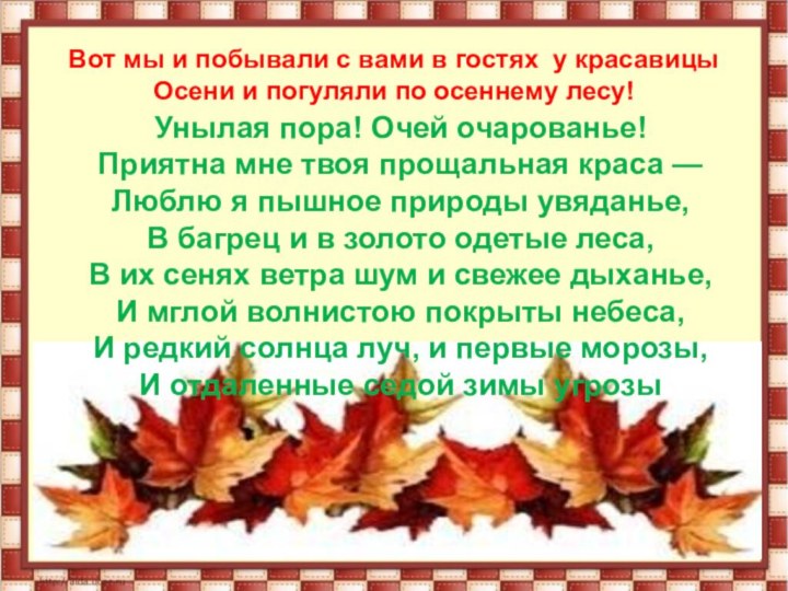 Вот мы и побывали с вами в гостях у красавицы Осени и