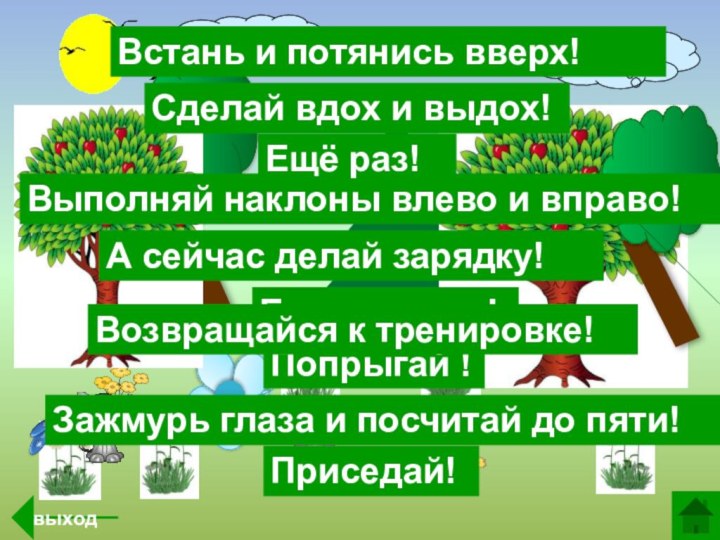 А сейчас делай зарядку!Встань и потянись вверх!Выполняй наклоны влево и вправо!Зажмурь глаза