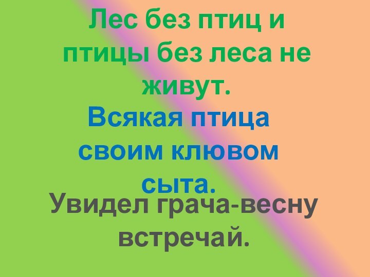 Лес без птиц и птицы без леса не живут.Всякая птица своим клювом сыта.Увидел грача-весну встречай.