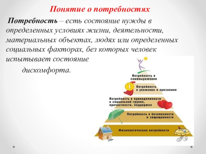 Понятие о потребностях Потребность – есть состояние нужды в определенных условиях жизни, деятельности, материальных