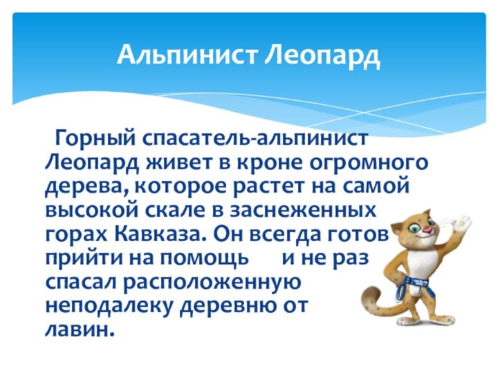 Альпинист Леопард 	Горный спасатель-альпинист Леопард живет в кроне огромного дерева, которое растет