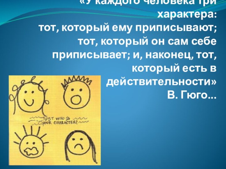 «У каждого человека три характера:  тот, который ему приписывают;  тот,