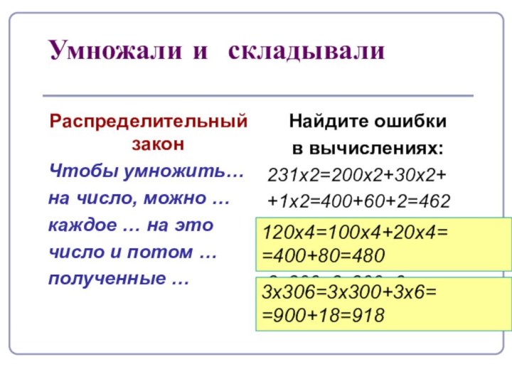 Умножали и складывалиРаспределительный законЧтобы умножить…на число, можно …каждое … на эточисло и