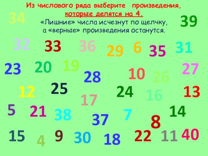 Из числового ряда выберите произведения, которые делятся на 4. «Лишние» числа исчезнут