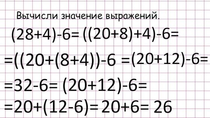 Вычисли значение выражений.(28+4)-6=((20+8)+4)-6==((20+(8+4))-6 =(20+12)-6==32-6=(20+12)-6==20+(12-6)=20+6=26