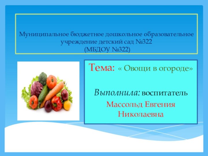 Муниципальное бюджетное дошкольное образовательное учреждение детский сад №322  (МБДОУ №322)Тема: «