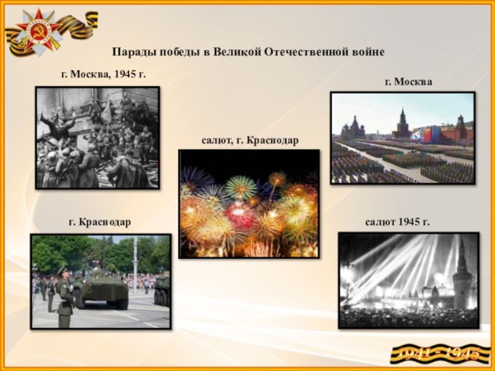 Парады победы в Великой Отечественной войнег. Москва, 1945 г.г. Москваг. Краснодарсалют 1945 г.салют, г. Краснодар