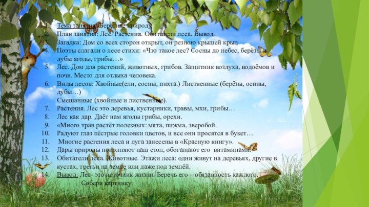 Тема занятия: Берегите природу.План занятия: Лес. Растения. Обитатели леса. Вывод.Загадка: Дом со