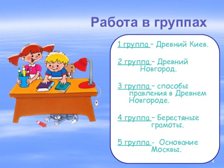 Работа в группах1 группа – Древний Киев.2 группа – Древний 			Новгород.3 группа