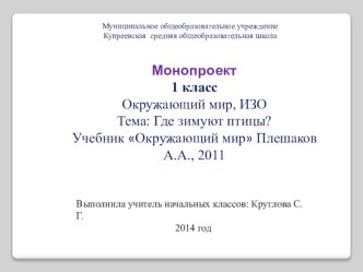 Монопроект 1 класс. Окружающий мир, ИЗО Тема: Где зимуют птицы? Учебник Окружающий мир Плешаков А.А., 2011 презентация к уроку по окружающему миру (1 класс) по теме