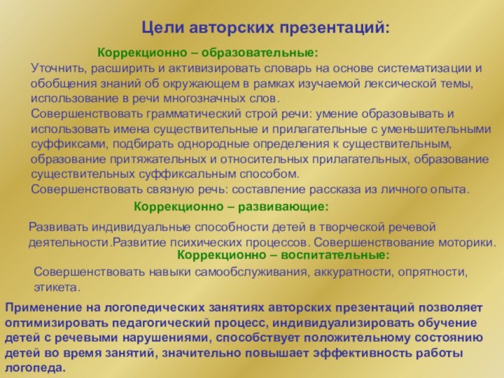 Цели авторских презентаций: Коррекционно – образовательные: Коррекционно – развивающие: Коррекционно – воспитательные:Применение