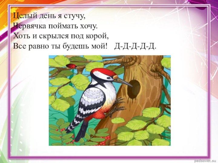 Целый день я стучу, Червячка поймать хочу. Хоть и скрылся