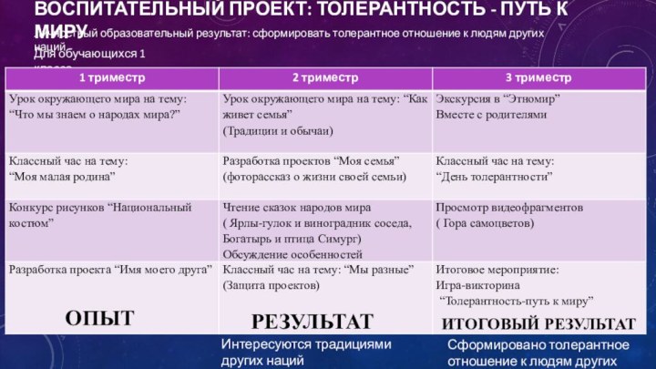 Воспитательный проект: Толерантность - путь к мируЛичностный образовательный результат: сформировать толерантное отношение