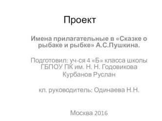 Имена прилагательные в Сказке о рыбаке и рыбке А.С.Пушкина презентация к уроку по русскому языку (4 класс)