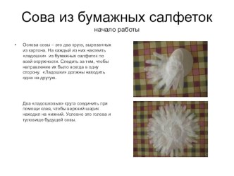 Мастер - класс Изготовление совы из бумажных салфеток презентация к занятию по конструированию, ручному труду (старшая группа) по теме
