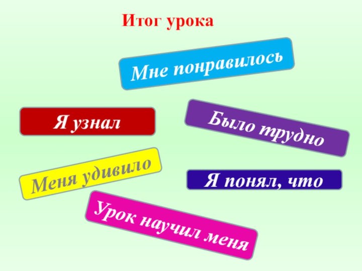 Итог урокаМне понравилосьЯ узналБыло трудноЯ понял, чтоМеня удивилоУрок научил меня