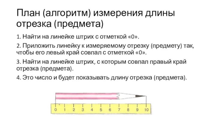 План (алгоритм) измерения длины отрезка (предмета)1. Найти на линейке штрих с отметкой