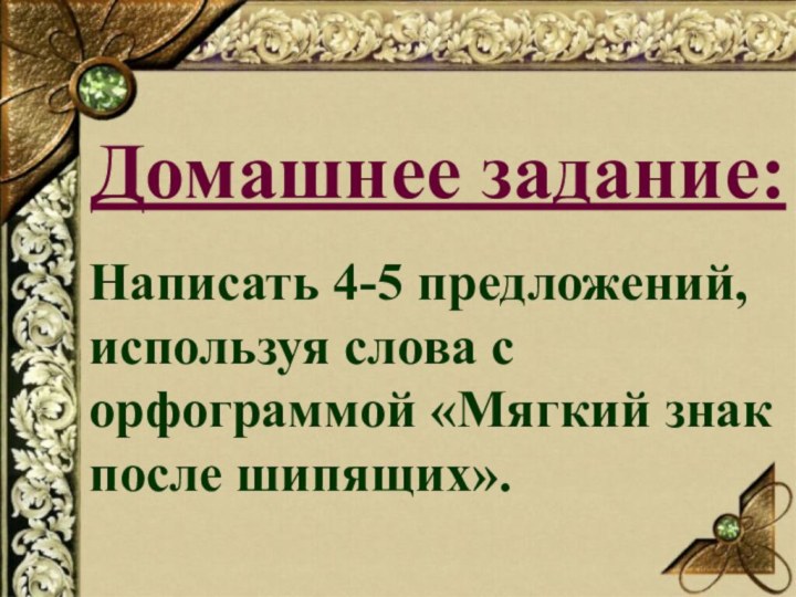 Домашнее задание:Написать 4-5 предложений, используя слова с орфограммой «Мягкий знак после шипящих».