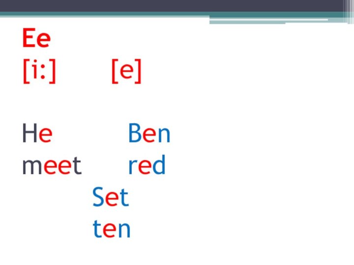 Ee [i:] 			[e] He 			Ben meet 			red 				Set 				ten