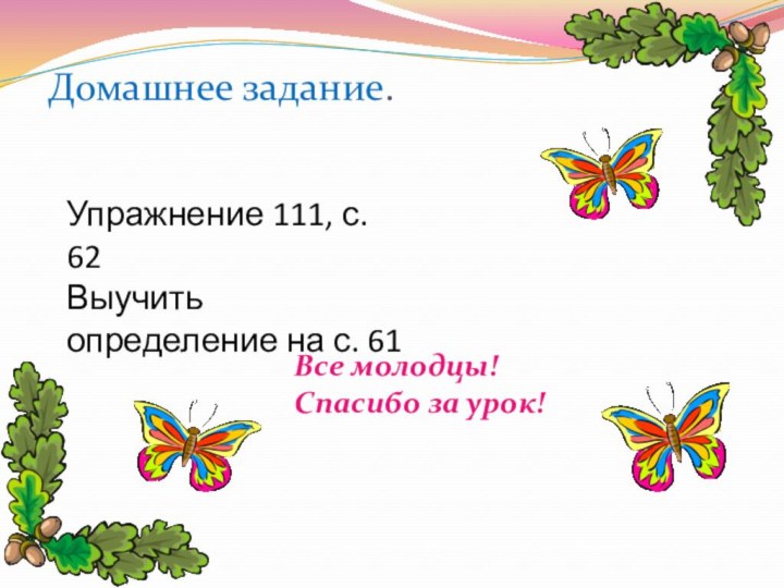 Домашнее задание.Упражнение 111, с. 62Выучить определение на с. 61Все молодцы!Спасибо за урок!