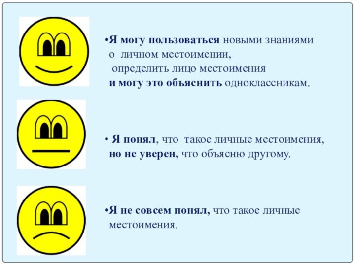 Я могу пользоваться новыми знаниями о личном местоимении, определить лицо местоимения и