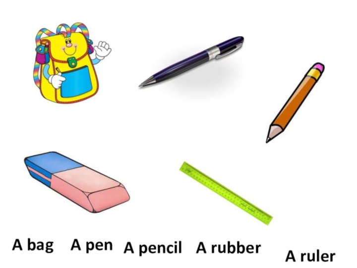 A bagA penA pencilA rubberA ruler