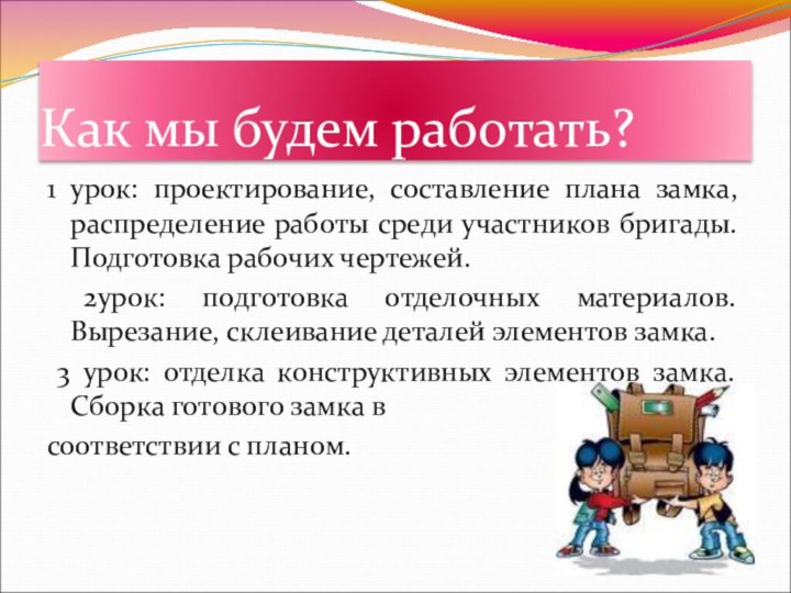 Как мы будем работать?1 урок: проектирование, составление плана замка, распределение работы среди