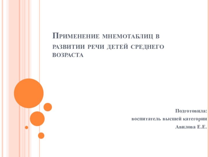 Применение мнемотаблиц в развитии речи детей среднего возрастаПодготовила: воспитатель высшей категорииАвилова Е.Е.