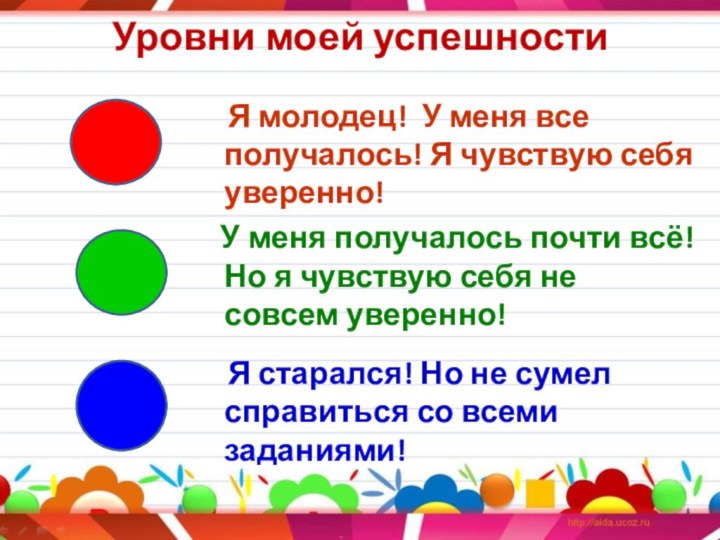 Уровни моей успешности    Я молодец! У меня все