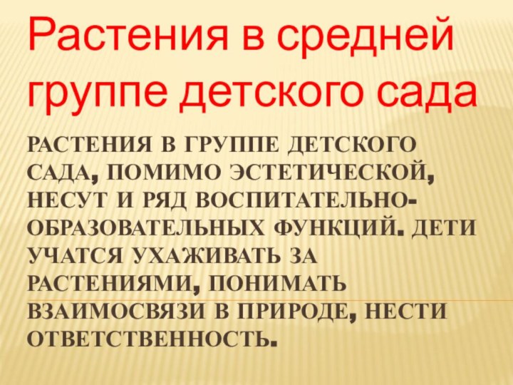 Растения в группе детского сада, помимо эстетической, несут и ряд воспитательно-образовательных функций.