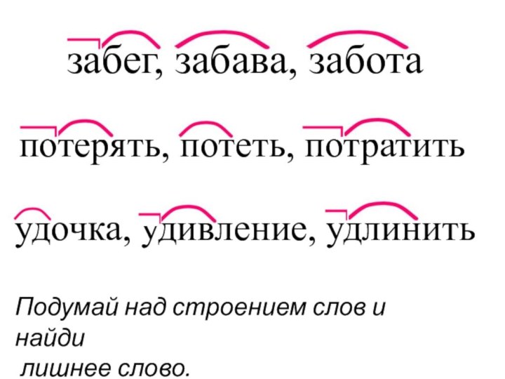 забег, забава, заботапотерять, потеть, потратитьудочка, удивление, удлинитьПодумай над строением слов и найди лишнее слово.