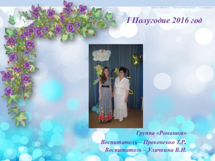 I Полугодие 2016 годГруппа «Ромашки»Воспитатель – Прокопенко Т.Р.Воспитатель – Уличкина В.И.