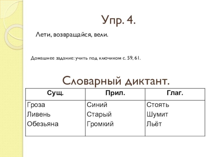 Упр. 4.Лети, возвращайся, вели.Домашнее задание: учить под ключиком с. 59, 61.Словарный диктант.