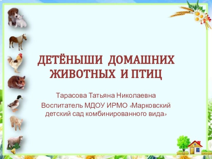 ДЕТЁНЫШИ ДОМАШНИХ ЖИВОТНЫХ И ПТИЦТарасова Татьяна НиколаевнаВоспитатель МДОУ ИРМО «Марковский детский сад комбинированного вида»