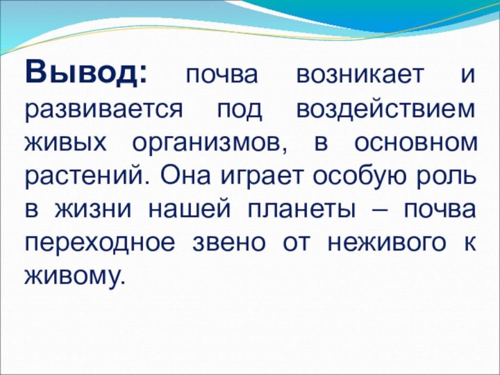 Вывод: почва возникает и развивается под воздействием живых организмов, в основном растений.