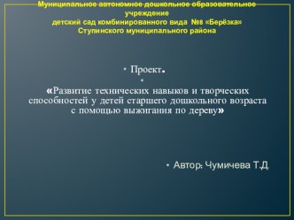 Презентация проекта Развитие технических и творческих способностей у детей старшего дошкольного возраста с помощью выжигания по дереву Январь 2019г презентация к уроку по конструированию, ручному труду (подготовительная группа)