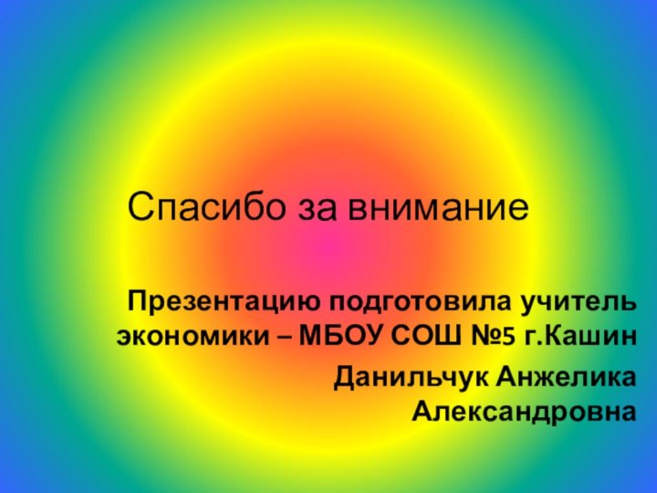 Спасибо за внимание Презентацию подготовила учитель экономики – МБОУ СОШ №5 г.Кашин Данильчук Анжелика Александровна