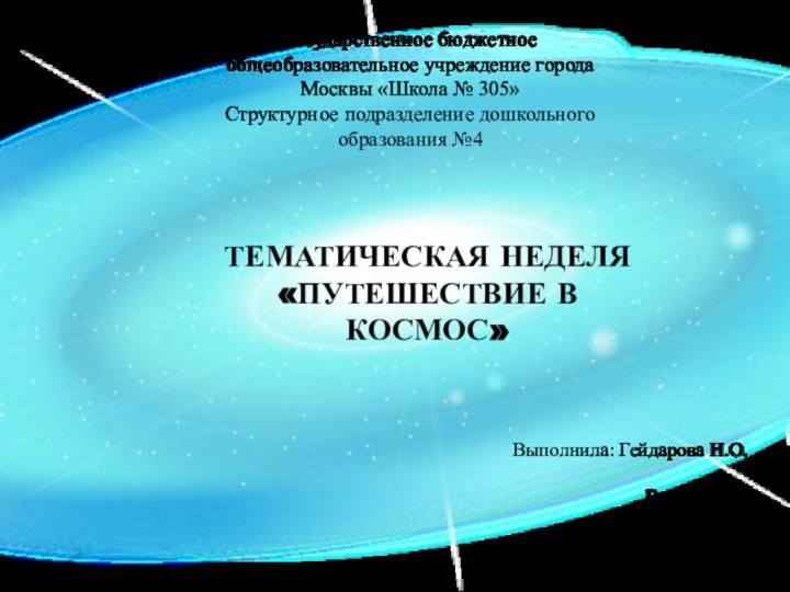 ТЕМАТИЧЕСКАЯ НЕДЕЛЯ «ПУТЕШЕСТВИЕ В КОСМОС»Выполнила: Гейдарова Н.О.Группа №10Государственное бюджетное общеобразовательное учреждение города