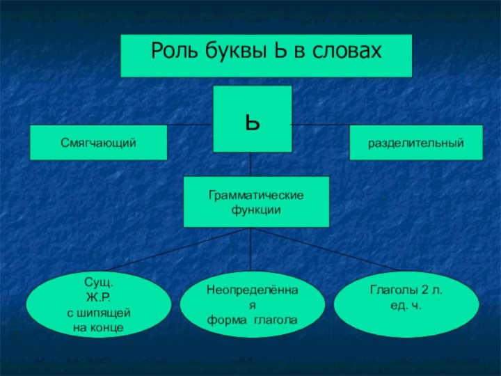 ьСмягчающий Грамматические функцииразделительныйСущ.Ж.Р.с шипящейна конце Неопределённая форма глаголаГлаголы 2 л.ед. ч.Роль буквы Ь в словах