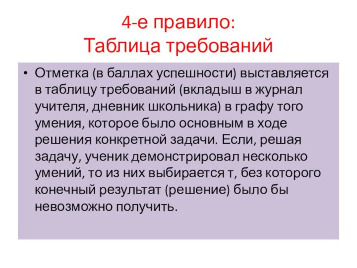 4-е правило: Таблица требованийОтметка (в баллах успешности) выставляется в таблицу требований (вкладыш