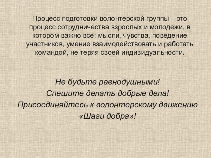 Процесс подготовки волонтерской группы – это процесс сотрудничества взрослых и молодежи, в