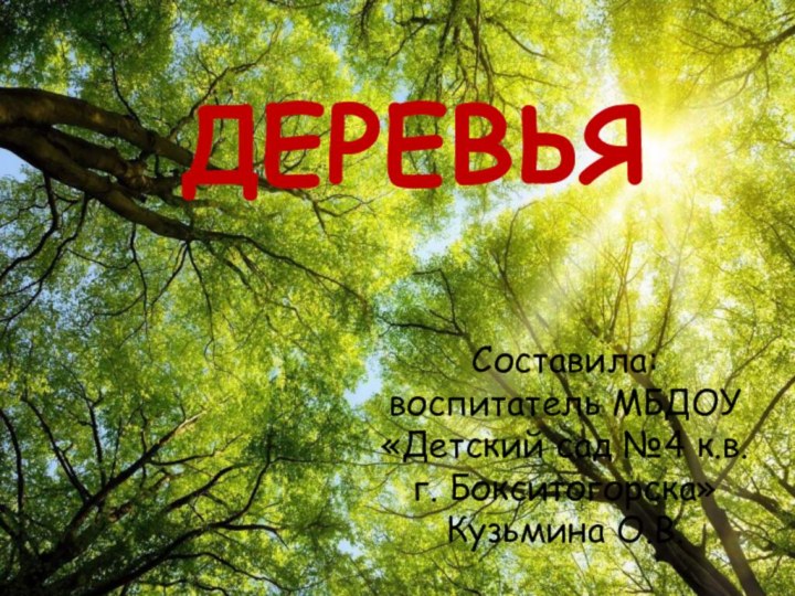 ДЕРЕВЬЯСоставила: воспитатель МБДОУ «Детский сад №4 к.в. г. Бокситогорска» Кузьмина О.В.