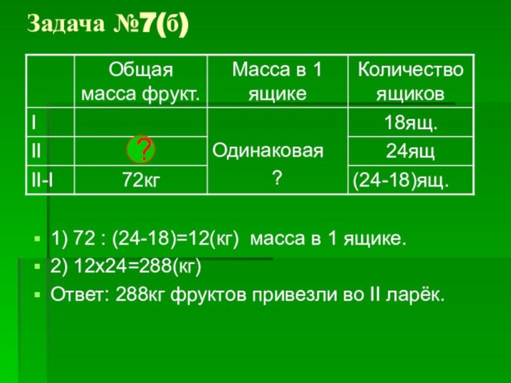 Задача №7(б)1) 72 : (24-18)=12(кг) масса в 1 ящике.2) 12х24=288(кг)Ответ: 288кг фруктов привезли во II ларёк.?