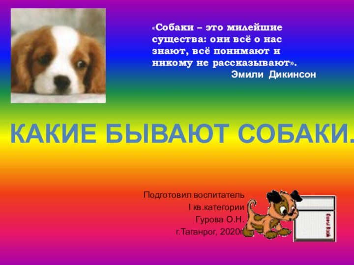 Подготовил воспитатель I кв.категории Гурова О.Н. г.Таганрог, 2020г.КАКИЕ БЫВАЮТ СОБАКИ. «Собаки –