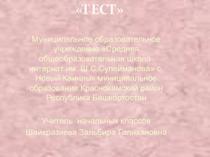 Муниципальное образовательное учреждение «Средняя общеобразовательная школа-интернат им. Ш.С.Сулейманова» с.Новый Каинлык муниципальное образование