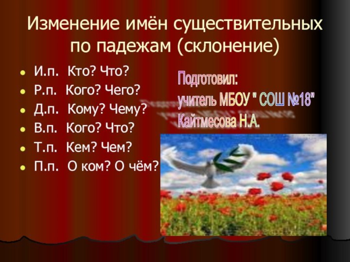 Изменение имён существительных по падежам (склонение)И.п. Кто? Что?Р.п. Кого? Чего?Д.п. Кому? Чему?В.п.